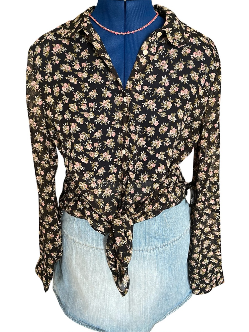 H&M Sheer Floral Black and Pink Button Up Blouse with Ruffle Collar